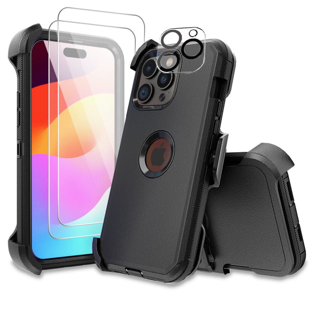 Xhy Case For Iphone 15 Plus (6.7") – Military-Grade 3-In-1 Shockproof Armor With Screen/Lens Protector & Belt Clip Holster – Black 9313598906632