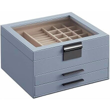 Sieradendoos met 3 lagen en glazen deksel, 2 lades, rookblauw en zilver, 20 x 23 x 13,5 cm, modern kerstcadeau, compatibel met UJBC239BU