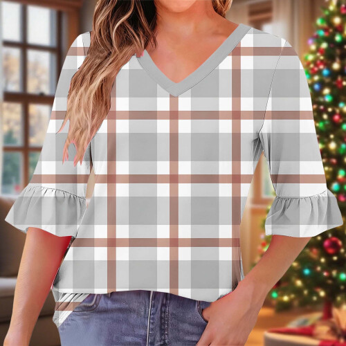 Γυναικεία Μπλούζα με Στάμπα και V-Neck, Βολάν, Μανίκια σε ¾ και Λάστιχο στη Μέση – 1