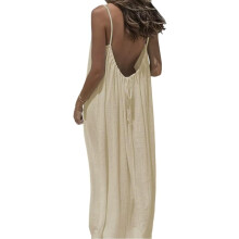 Vestido regata feminino de cor sólida, sem costas, modelo casual sem mangas, ideal para usar em casa ou na praia no verão.