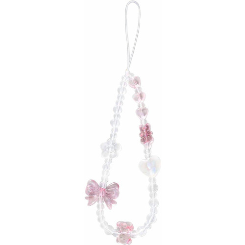 Alça de celular rosa com miçangas e pingentes de borboleta, coração e urso.