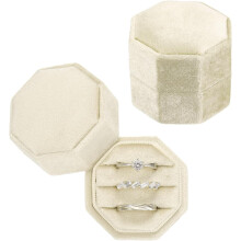 Caixas de veludo vintage com 3 compartimentos (pacote com 2), organizadores octogonais para alianças de casamento/noivado para ele e para ela, bege