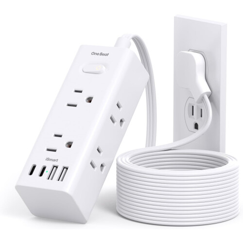 10Ft Flat Plug Power Strip: 6 Outlets + 4 USB (2xUSB-C), Surge Protector, Travel/Dorm Essential