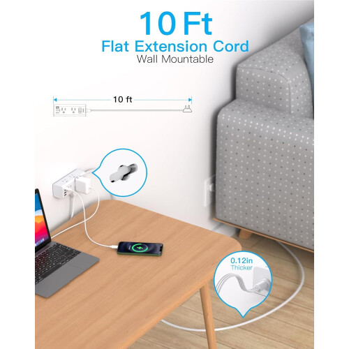 10Ft Flat Plug Power Strip: 6 Outlets + 4 USB (2xUSB-C), Surge Protector, Travel/Dorm Essential 1
