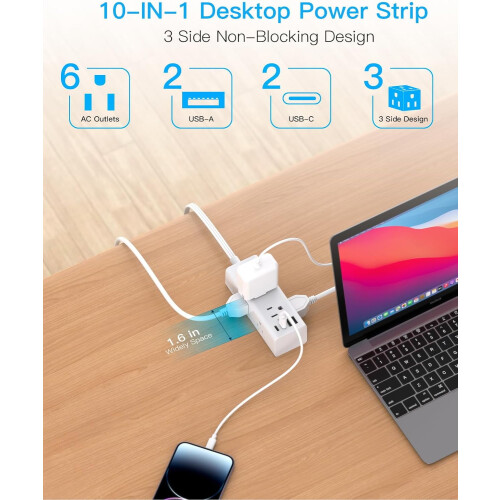 10Ft Flat Plug Power Strip: 6 Outlets + 4 USB (2xUSB-C), Surge Protector, Travel/Dorm Essential 2