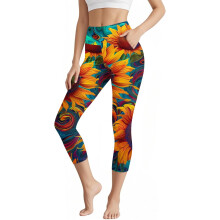 Pantaloni sport Capri pentru yoga cu talie înaltă pentru femei, cu buzunare - Pantaloni sport moi, elastici, casual, slim fit, pentru alergare,