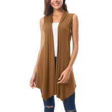 Cardigan da donna senza maniche, aperto sul davanti, con pieghe, orlo asimmetrico, leggero, basic, casual, color caffè.