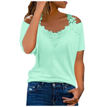 Blusas de verão femininas, blusas plus size com decote em V, manga curta, modelagem solta com detalhes em renda, blusas estilo caimento liso,