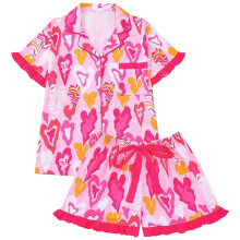Conjunto de pijama feminino aconchegante de 2 peças com estampa de amor – Blusa de manga curta macia e shorts, roupa de dormir com botões, ideal