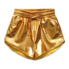 Shorts metálicos brilhantes Baozhu para meninas, cintura elástica, cordão e bolsos – Shorts de ginástica e dança para crianças de 4 a 12 anos.