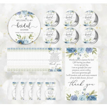 30 stuks blauwe bedankjes voor een vrijgezellenfeest: bloemvormige make-upspiegels, bedankkaartjes en organzazakjes – geschikt voor een bruiloft.