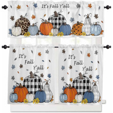 Ensemble de rideaux de cuisine 3 pièces pour Thanksgiving : citrouille orange, feuilles d’érable, tournesols et cantonnière – Passe-tringle,