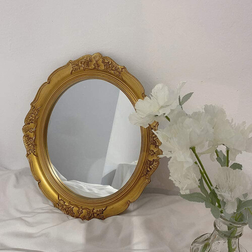 Vintage σκαλιστός χρυσός οβάλ καθρέφτης τοίχου, 15"x13.4", για συρταριέρα, διακόσμηση 2