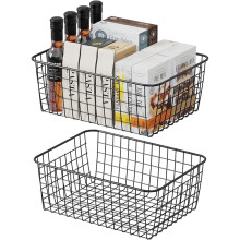 2PCS Wire Storage Baskets, Premium Metal Storage Organizer Basket, Big Metal Baskets for Home Office Kitchen, Black