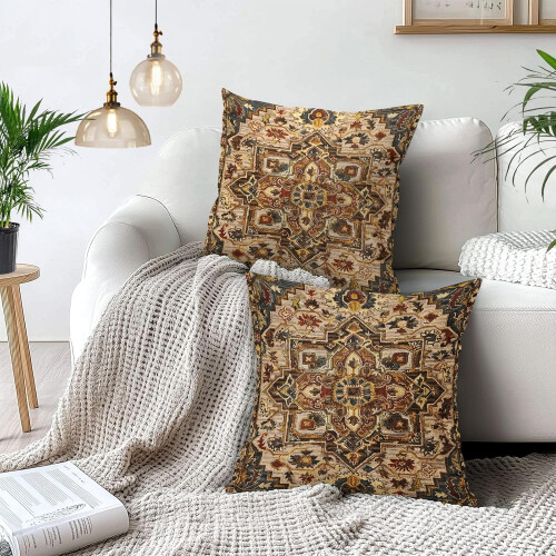 Conjunto de 2 capas de almofada vintage boho em tons de marrom, dourado e vermelho, 50x50cm (20x20 polegadas). 2