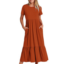 Sommarklänningar för kvinnor2024Sommar Casual Kortärmad Rundringad Klänning Casual Böljande Flerskiktad Maxi Strandklänning med Fickor Orange CS