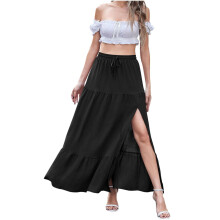 Lange rokken voor dames, maxi-rok, lange maxi-rok met elastische taille, hoge split en wikkelmodel, zwart XL