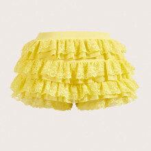 Pantaloncini da donna in stile Lolita con volant, inserti in pizzo, vita elasticizzata e fiocco sul davanti, modello a zucca.