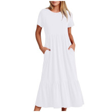 Zomerjurken voor dames 2024: Casual zomerjurk met korte mouwen en ronde hals, zwierige maxi-strandjurk met zakken, wit, maat B XXL