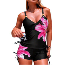 Damesbadpakset, tweedelige bikini met kleurblokken en bloemenprint op de bandjes, verstelbaar model, comfortabel voor bij het zwembad, op het strand