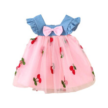 Kleinkind-Baby-Mädchen-Jeanskleid mit Mesh-Patchwork-Tutu, Sommerkleid mit süßem Erdbeermuster, Jeanskleider, Größe 1-2 Jahre