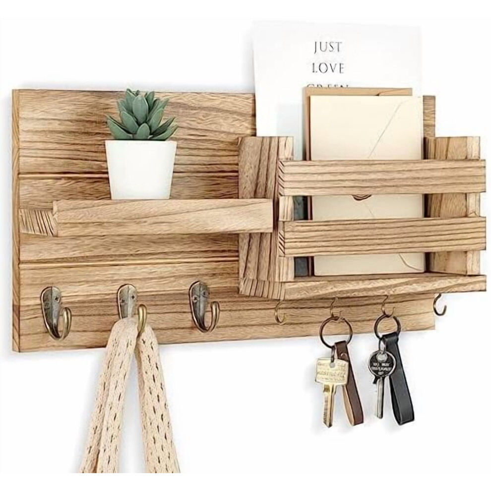 Wall-Mount Mail Organizer With Key Holder, Shelf, Letter Holder & Hooks Â Rustic Wood, 16.5"X8.7"X3.5", Flush Mount Hardware 9329345957581