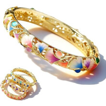 Pulseira rígida tradicional étnica com fecho articulado em esmalte cloisonné – Joia feminina artesanal para uso diário e presentes para