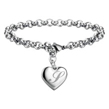 Pulseira com pingente inicial para adolescentes e mulheres – Pulseira de aço inoxidável com coração e alfabeto (26 letras), compatível com