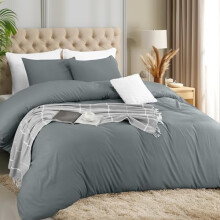 3-Pc Duvet Cover Set with Zipper Closure, 1 Duvet + 2 Pillowcases, Soft Brushed Microfiber (Queen, Grey)
