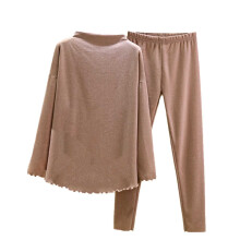 Dames thermische pyjamaset met col, fleece loungewear, lange mouwen, ruches aan de zoom, 2-delige set, maat L-2XL, kaki