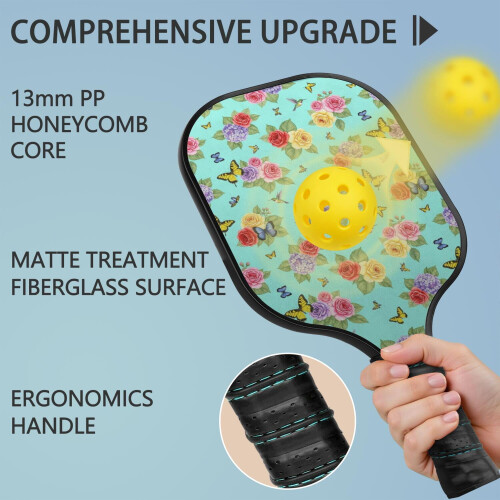 Σετ κουπιών Pickleball με κουπιά από fiberglass σε σχέδια λουλουδιών, 2 μπάλες και τσάντα – 1