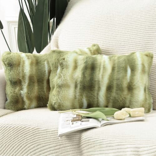 Conjunto de 2 capas de almofada de lã macia e espessa, 30x50 cm, verde, neutras e com estilo boho, para sofá/poltrona/quarto – Compatíveis com