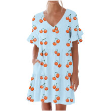 Rochie casual pentru femei, cu imprimeu de cireșe, decolteu în V și mâneci cu volane, model S-2XL, material elastic din poliester-spandex,