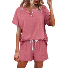 Modieuze casual damestops met korte mouwen en knoopjes, effen, nachtkleding, shorts, tweedelige pyjamasets voor dames met een maatje meer, tot 65%