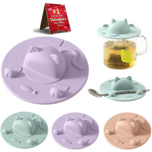 Couvercle de tasse à sachet de thé en silicone à motif chat, support et presse-sachet de 10 cm, compatible lave-vaisselle – Convient aux tasses