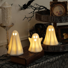 Zestaw 3 podświetlanych dekoracji na Halloween w kształcie ducha – ceramiczne białe figurki/statuetki duchów | Uroczy i upiorny wystrój