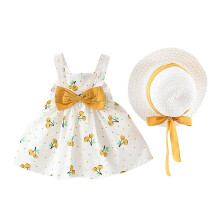Ærmeløse Prinsessekjoler Børn Baby Småbørn Piger Sommer Prikket Sløjfe Outfits Med Hatte Sæt