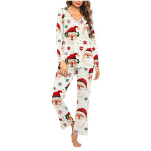 Heerlijke 2-delige pyjama voor dames, kerstthema: top met lange mouwen en V-hals, broek met print, zachte, comfortabele nachtkleding, loungewear,