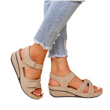 Damen-Sandalen, Sommer-Slipper, Freizeitschuhe, leichte Plateau-Sandalen mit Keilabsatz, Beige, Größe 38