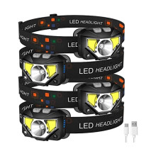 4er-Pack ultrahelle, wiederaufladbare LED-Stirnlampe mit weißem/rotem Licht, wasserdicht, Bewegungssensor, 8 Modi – geeignet für Outdoor-Camping,