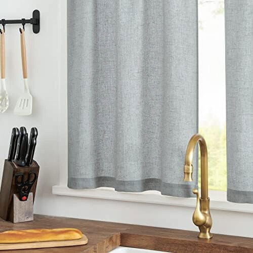Grå köksgardiner i linne, lantlig stil, 3 delar 2