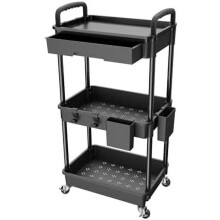 Chariot utilitaire Ă 3 niveaux avec tiroir, chariot de rangement multifonctionnel pour cuisine, salle de bain, salon, bureau (noir)