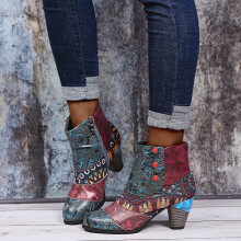 Bottes en similicuir pour femmes, style rétro national, talon mi-haut, fermeture éclair, courtes, synthétiques, taille 39