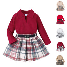 Conjuntos para niñas pequeñas, Conjuntos para niñas, Conjunto de 2 piezas: top liso con cuello en V y falda plisada estilo uniforme a cuadros para