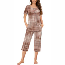 2 stk. Capri-pyjamas, korte ærmer, plisseret top, capribukser, nattøj, hjemmetøj til kvinder, S-3XL
