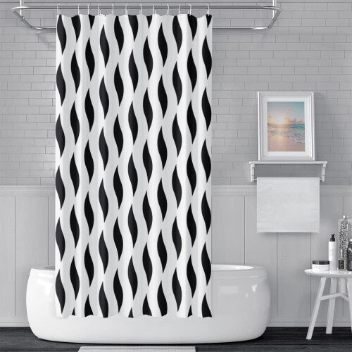 Cortina de chuveiro geométrica abstrata preta 84x72 polegadas, conjunto de banheiro preto e branco com ganchos – compatível com varões padrão 1