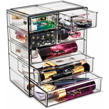 Ensemble de rangement de maquillage en acrylique à 7 tiroirs – Compatible coiffeuse et plan de travail, motif bijou noir pour pinceaux, rouges à