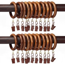 24 anneaux de rideaux en bois avec pinces, 6,35 cm (2,5 pouces) pour tringle de 2,5 à 3,8 cm (1 à 1,5 pouce), crochets pour fenêtre et douche,