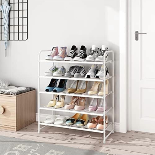 5-Tier Stackable Shoe Rack, Expandable & Adjustable Shoe Organizer Storage Shelf, Wire Grid, White 1