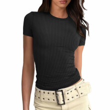 Camisetas YOUSNH para mujer, tops de moda para mujer, camiseta básica ajustada de manga corta, camisetas ajustadas, negro, talla S